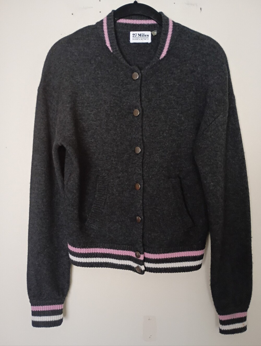 27 Miles Malibu Wool Cashmere Blend Dani Bomber Sweater Jacket in Gray and Pink